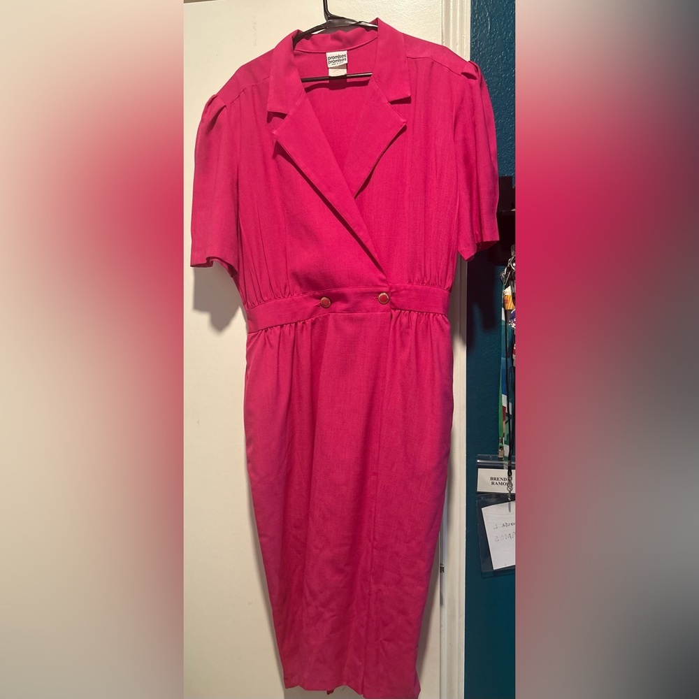 Vintage Elegant Fuchsia Dress with Gold Button Accents